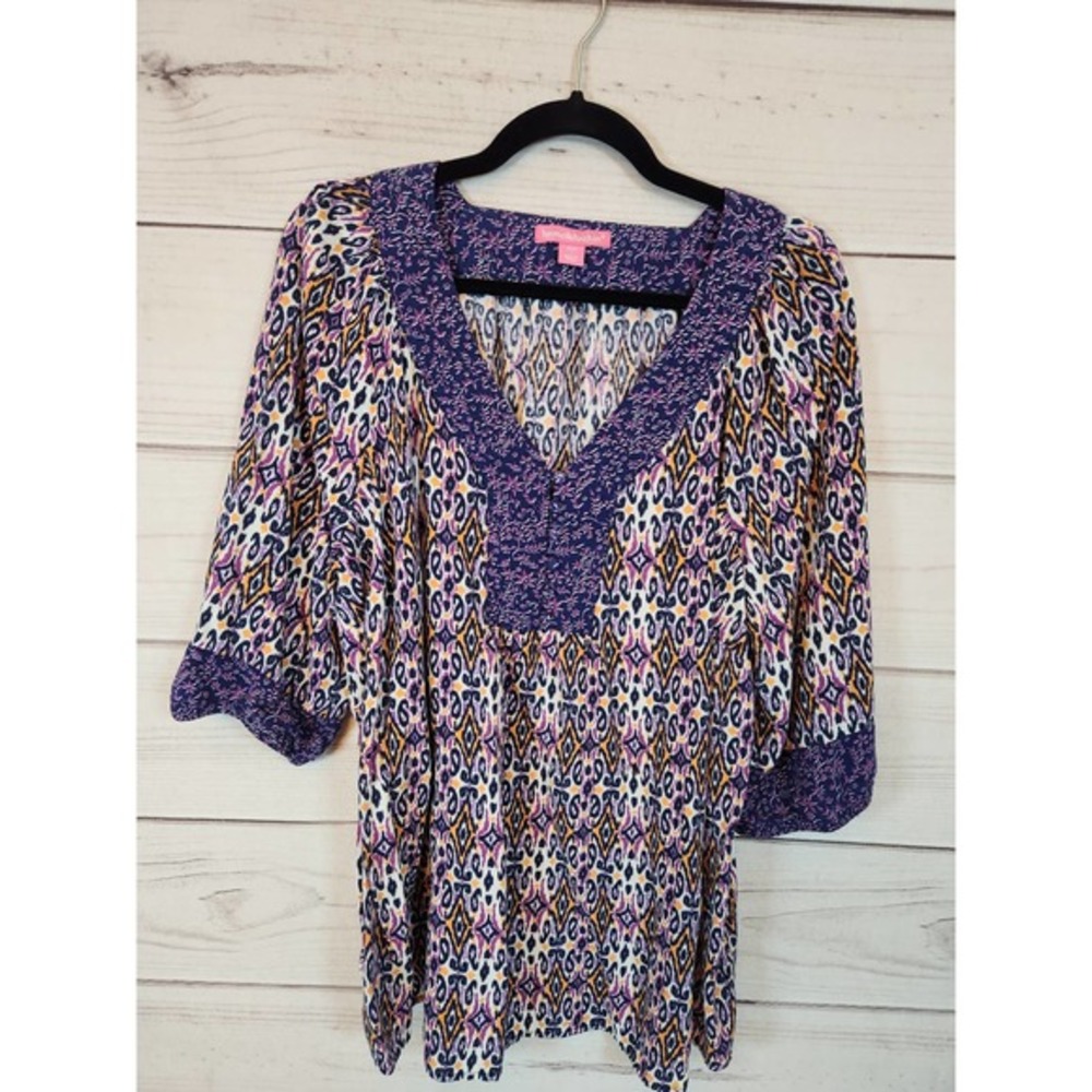 Woman Within Women's Purple Geometric V-Neck 3/4 Sleeve Tunic Blouse Size 18/20